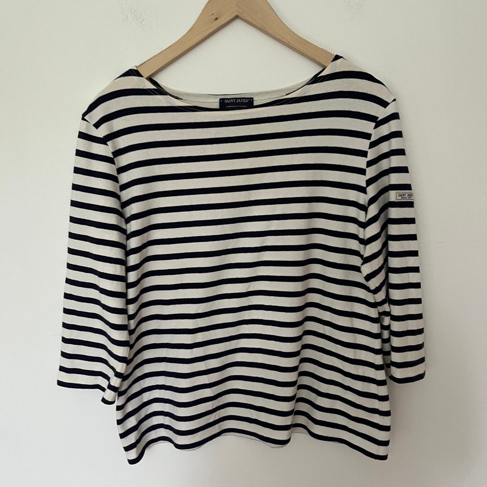 Saint James Breton Stripe Boat Neck Top 3/4 Sleeve Cream Navy Made in France
